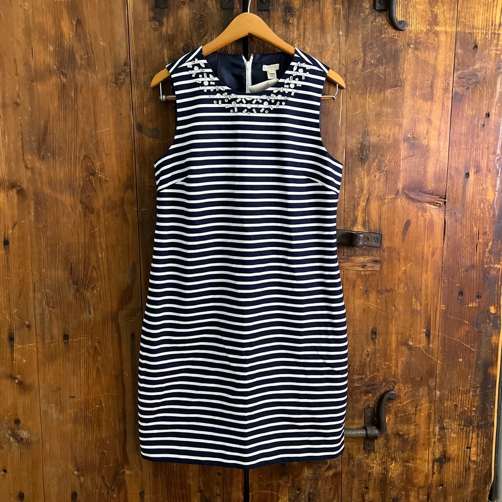JCrew Embellished sheath dress E7753 navy white stripe jewelry neckline nautical